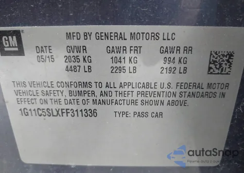 2015 Chevrolet Malibu 1Lt из США, поврежденный, VIN 1G11C5SLXFF311336